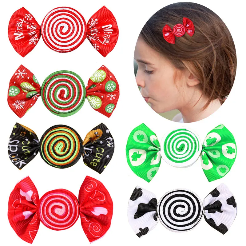 2Pcs Cute Ribbon Print Bowknot Hair Clips For Kids Handmade Candy Hairpins Barrettes Headwear Girls Hair Accessories