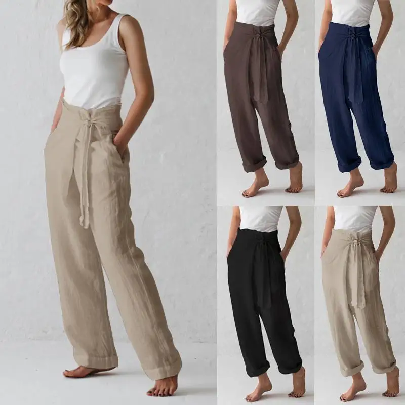 High Waist Cotton Linen Blend Casual Pants for Women Straight Leg High Waist Pure Color Spring Autumn Season Trousers