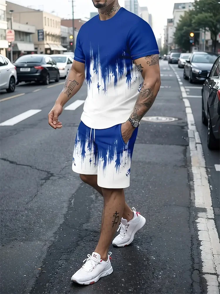 Camiseta gradiente de textura masculina e shorts, roupa esportiva casual de rua, moda impressão 3D, modelos novos, verão, 2 peças