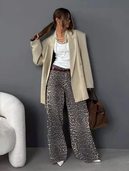 Wolfeel dames casual broek losse mode retro kantoor dames comfortabele en geavanceerde luipaardprint wijde zomerbeenbroek