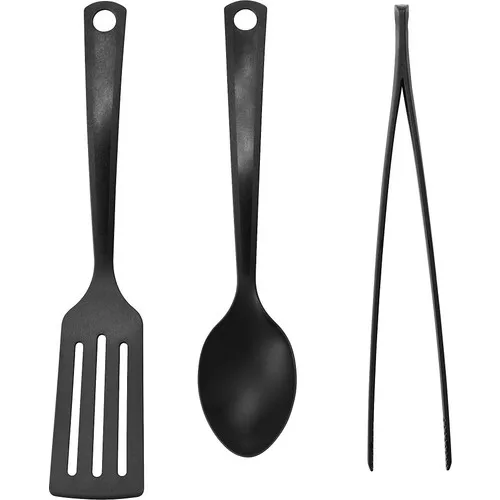 Zuzu Made Gnarp Kitchen Utensils Set Black Color-Serving Spoon Tongs and Spatula Fireproof Non-stick 3 Lü Set