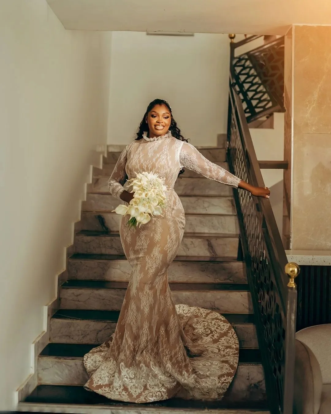 

Customized Plus Size Wedding Dresses Bridal Gowns Mermaid Wedding Gowns For Bride Long Sleeves High Neck Beaded Lace Ruffles