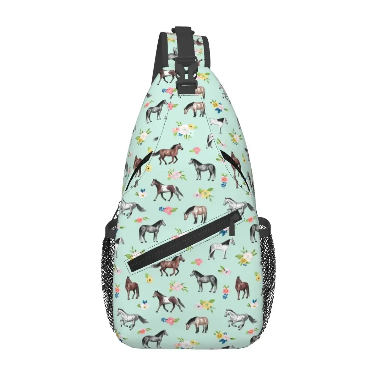 

Horses And Flowers, Mint Blue, Horse Art, Pink Flowers Chest Bag Men Sling Crossbody Backpack Chest Bag Daypack Shoulder Bag