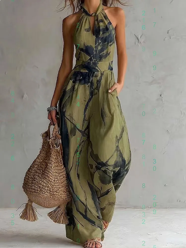 Sommer-Jumpsuit für Damen Ärmellos Rückenfrei mit Neckholder-Ausschnitt Bedruckter Overall Playsuit Set