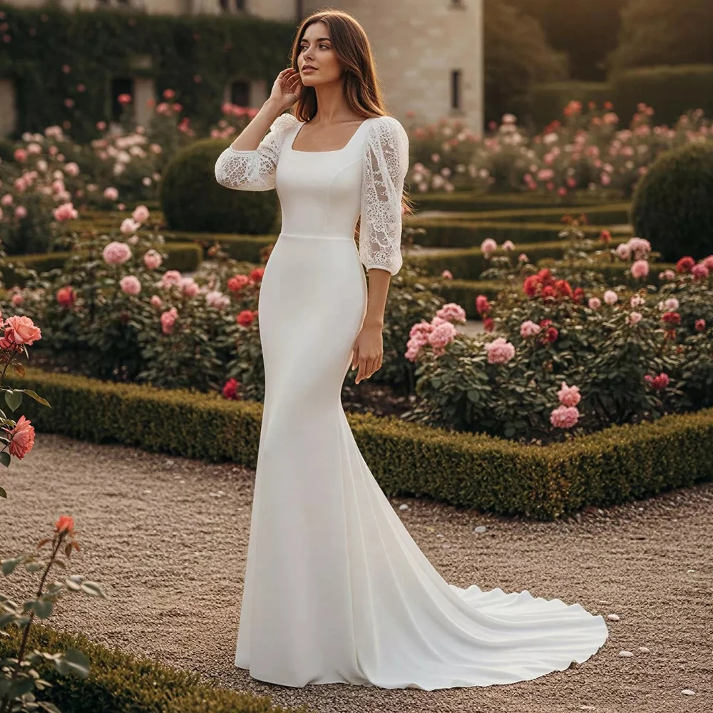 

Elegant Square Collar Jersey Mermaid Wedding Dress with Lace Three Quarter Sleeves Customized Court Train Bridal Gowns for Women