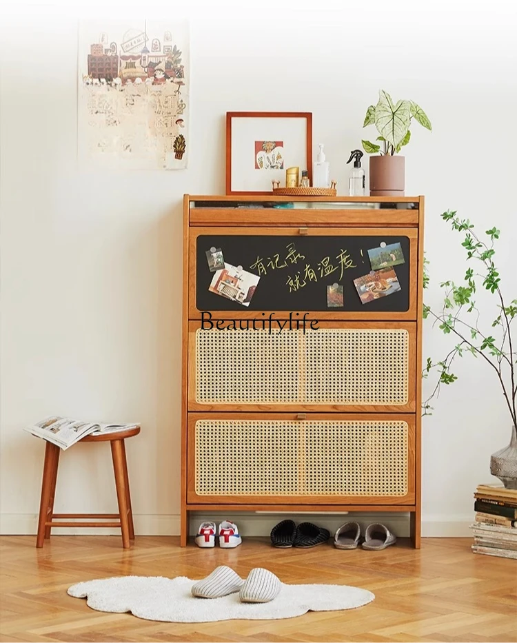 

*Nordic solid wood shoe cabinet ultra-thin multi-functional entrance cherry wood rattan storage cabinet