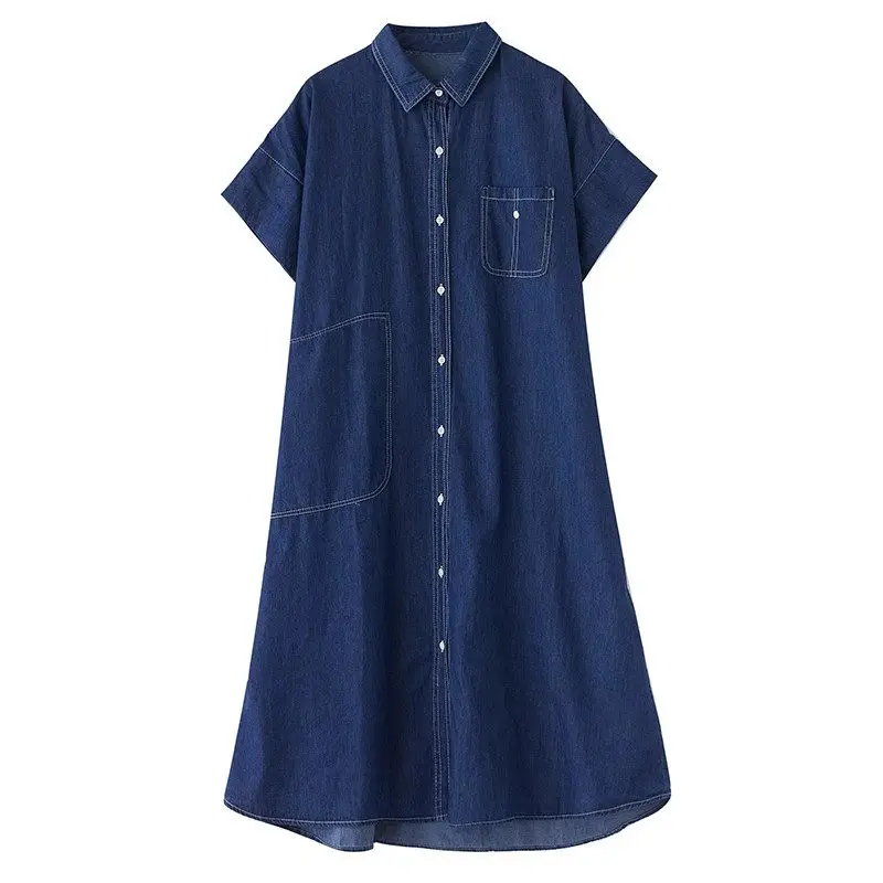 Large Size Denim Shirt Dress Women 2023 Summer New Open Line Decoration Casual Single Breasted Female Robe Jeans Vestidos Z1482