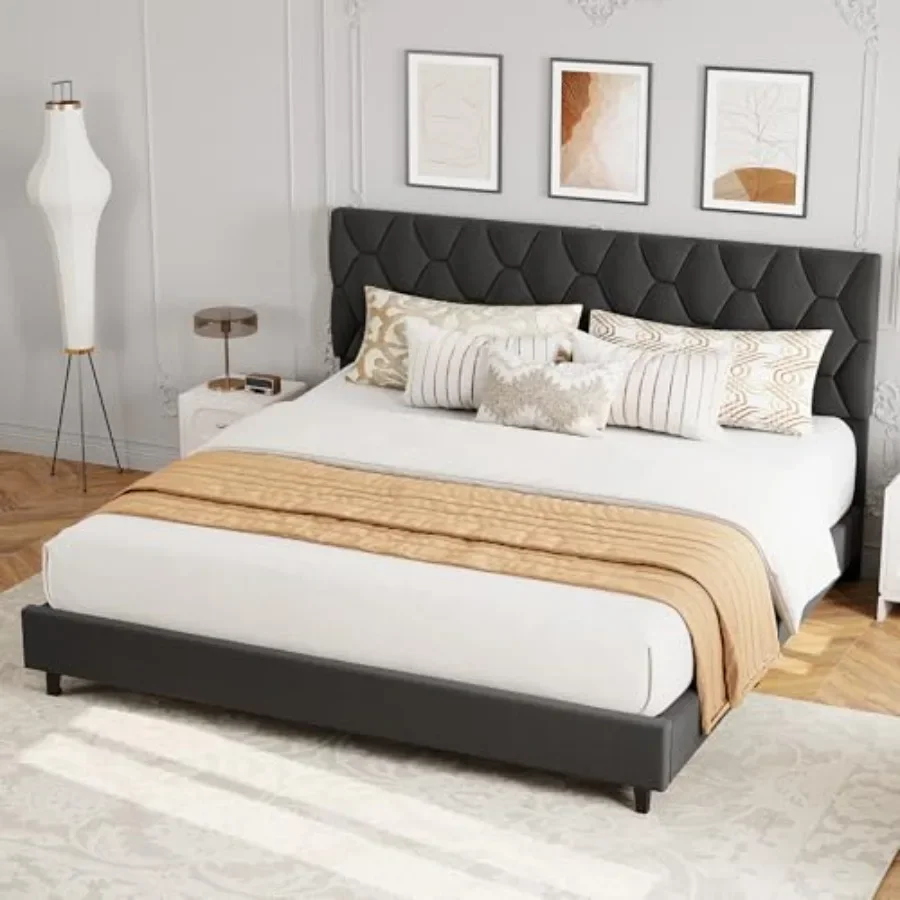 California bed frame for bedroom use, upholstered fabric headboard in gray, heavy-duty wood slats, noise-free, easy assembly, n