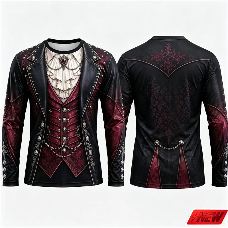 Gothic Vampire Costume Long Sleeve T‑Shirt Men 3D Print Fake Jacket Shirt Graphic Novelty Tee Halloween Cosplay Party Top