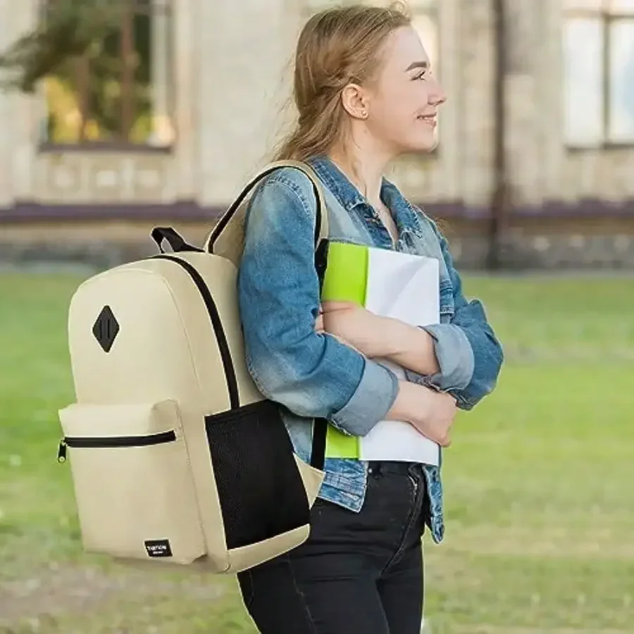 School Backpack, Unisex Classic Bookbag Teens Schoolbag With USB Port For High School College Office Work Travel, 15.6 Inch, Beige