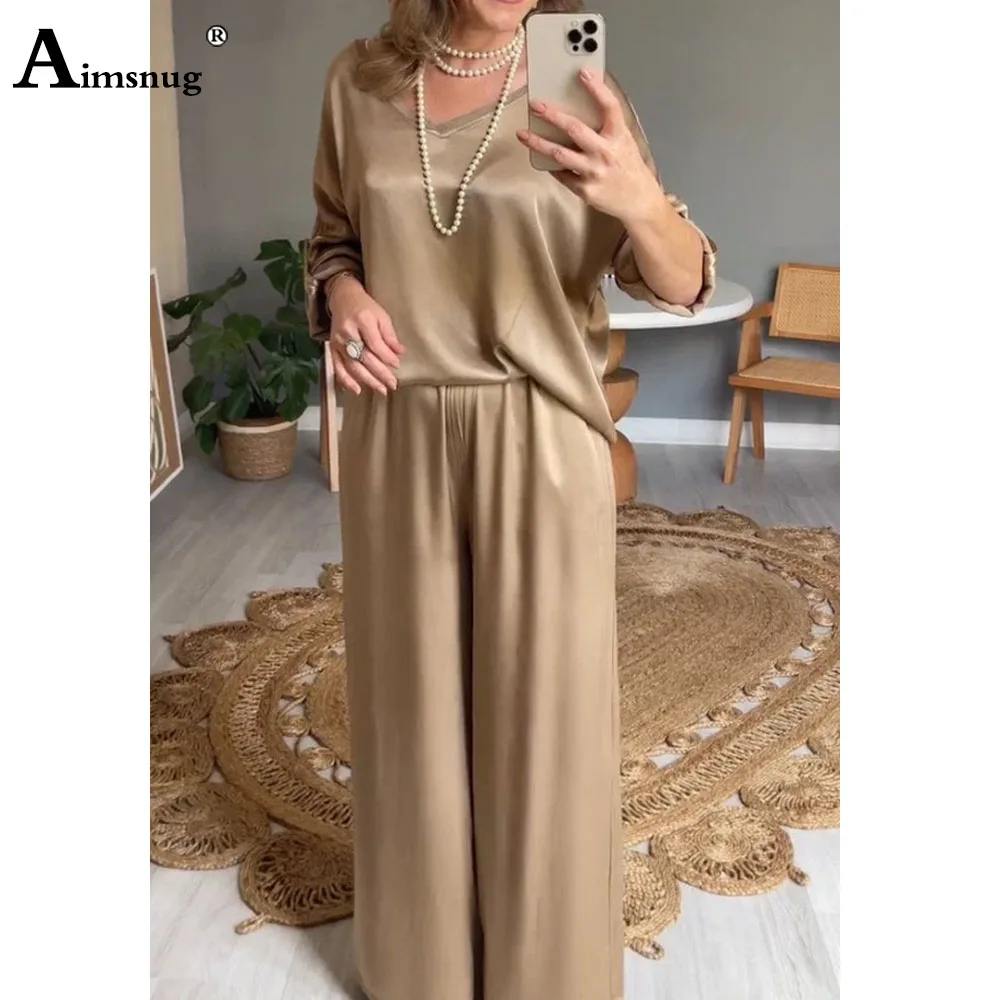 

Женские повседневные комплекты из двух предметов с карманами-стойкой больших размеров, новинка 2025, летняя винтажная блузка и широкие брюки, костюмы, женские спортивные костюмы