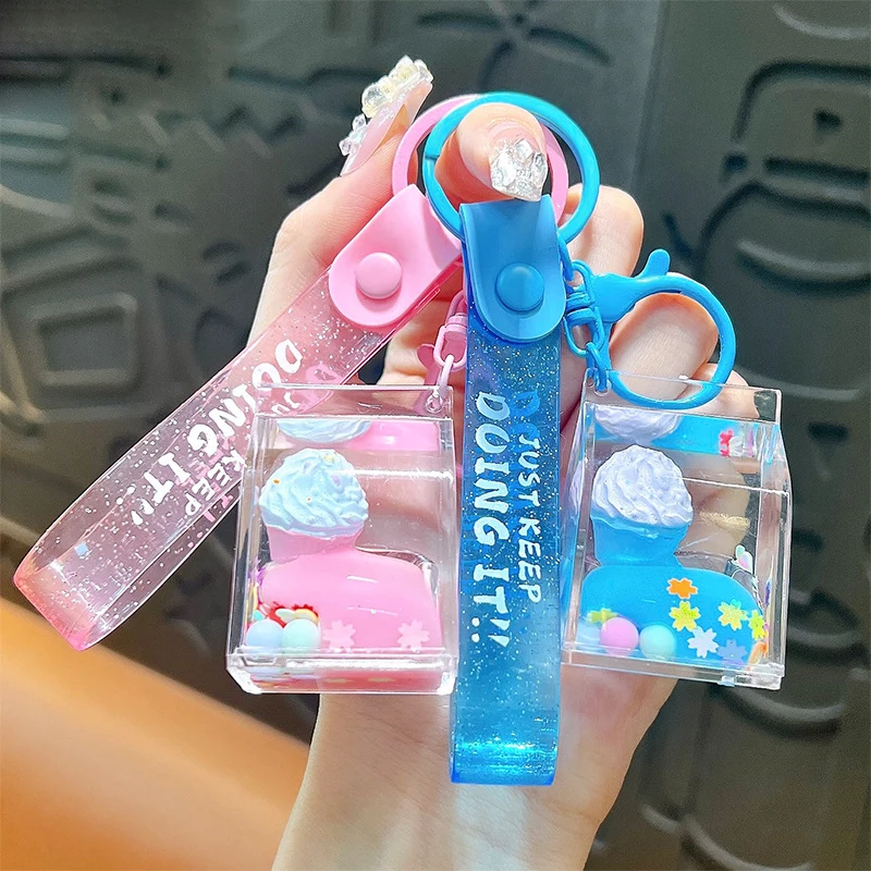 Summer Cool Ice Cream Milk Carton Keychain Liquid Simulation Food Toy Bag Pendant Keyring Girl Couple Car Key Chain Gift Jewelry