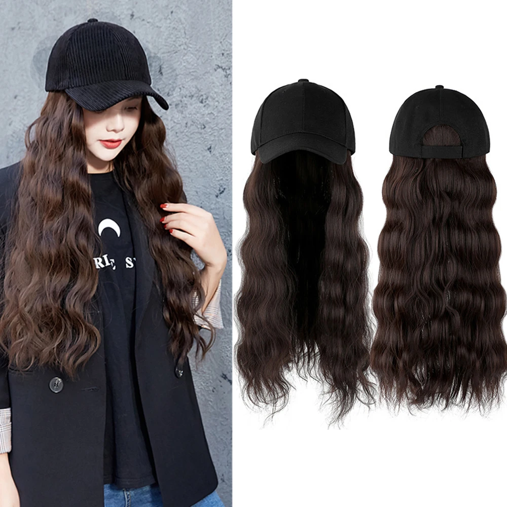 

Long Synthetic Fluffy Natural Wave Hair Wig With Baseball Cap Naturally Connect Adjustable Hat Wig For Women Fake Hair