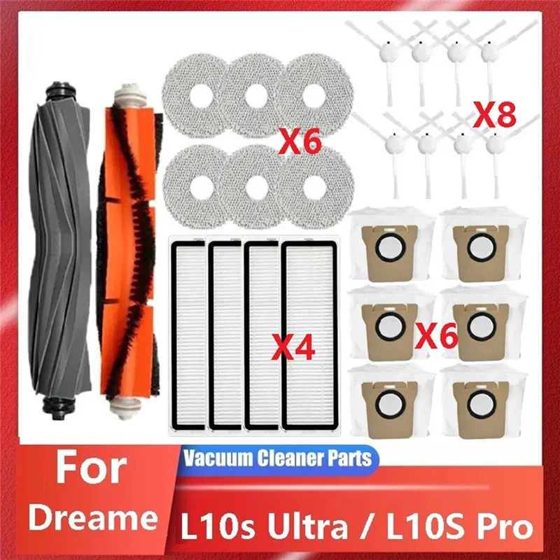 

Аксессуары для робота-пылесоса Dreame L10s Ultra / L10S Pro: основная и боковые щетки, контейнер для пыли, тряпка для мытья полов, мешок для пыли, HEPA-фильтр.