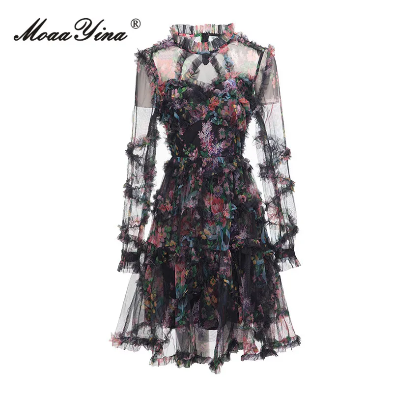 MoaaYina Summer Fashion Designer Elegant Party Dress Women\'s O-neck Long Sleeve Ruffles High Waist Floral Print Mesh Mini Dress