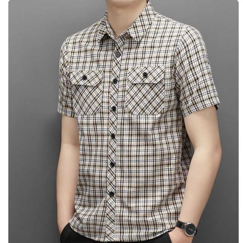 Chemise en coton vintage pour hommes, coupe couvertes, bouton rayé à carreaux, polo à manches courtes, revers de poche, mode décontractée, été, nouveau