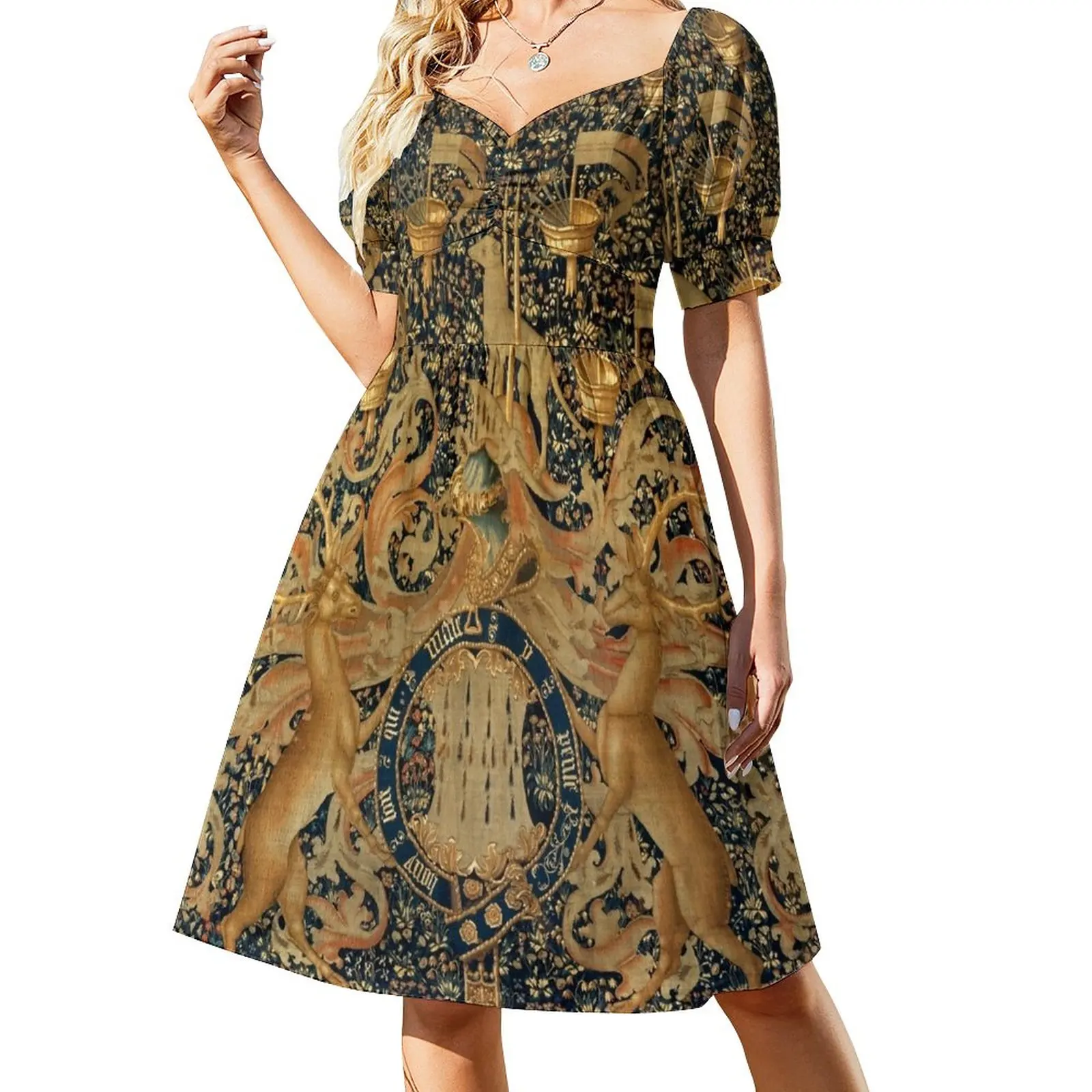 

Gold Navy Blue Antique Heraldic Tapestry with Harts,Armorial Bearings Badges of John Sleeveless Dress long dress women