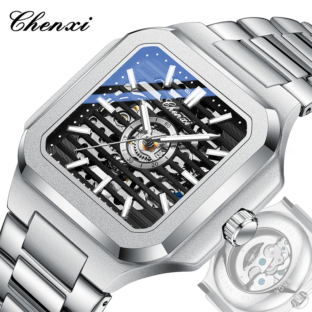 

CHENXI мужские часы полностью автоматические полые механические часы со скелетом деловые светящиеся мужские наручные часы с квадратным циферблатом