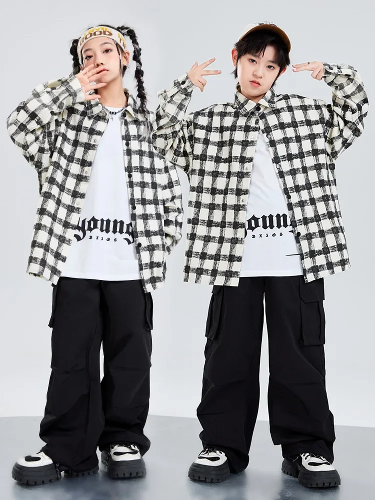 Hip Hop Jungen Kariertes Hemd Cargo Hosen Mädchen K-pop Kleidung Jazz Dance Sets Kinder Streetwear Kinder Straße Kostüm