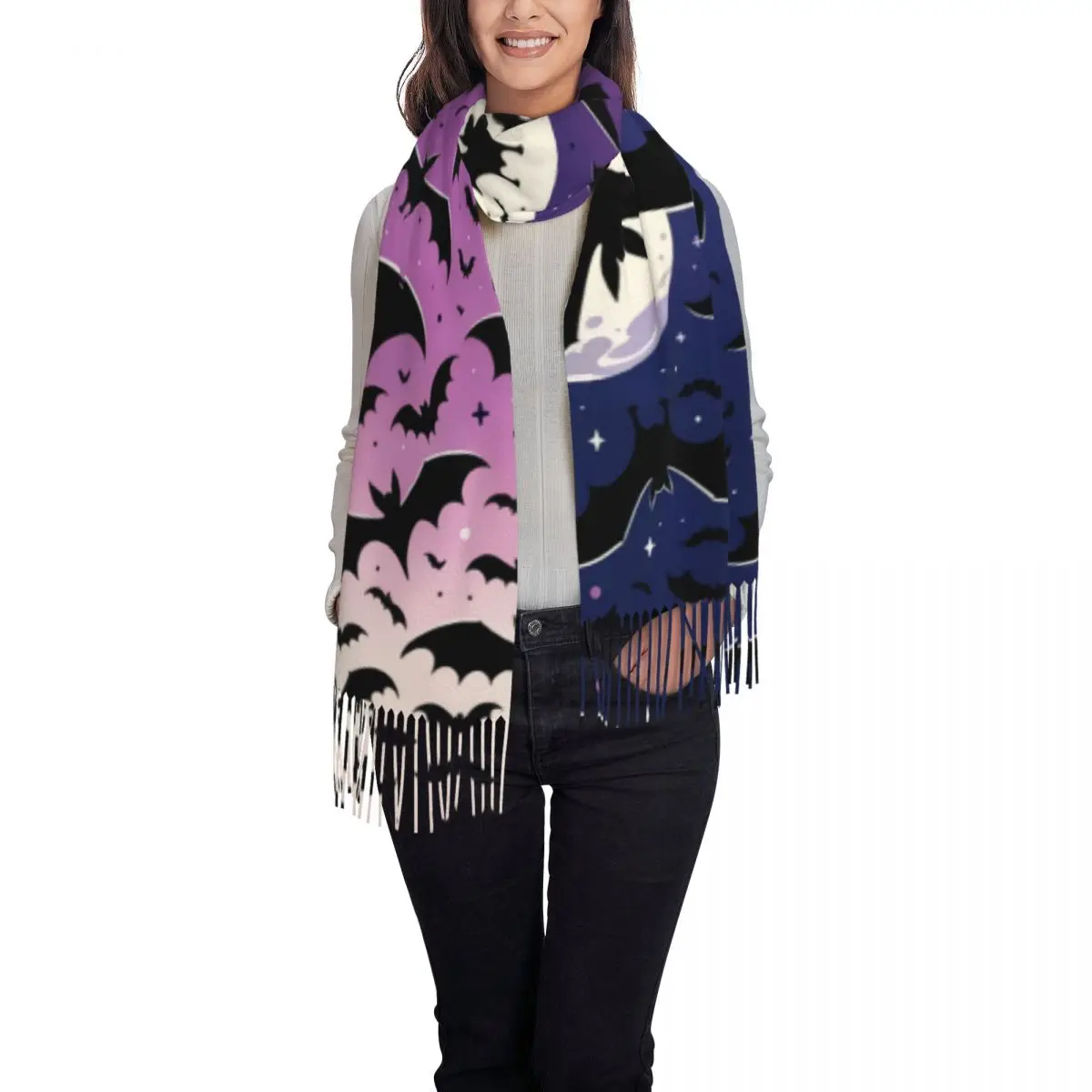 Custom Halloween Witch Gothic Vampire Bat Scarf Wrap for Women Long Winter Warm Tassel Shawl Unisex Scarves