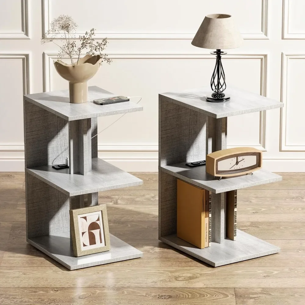 

Set of 2 Nightstand with Charging Station for Small Spaces, End Table Side Table,3 Tier Sofa Bedside Tables Bedroom