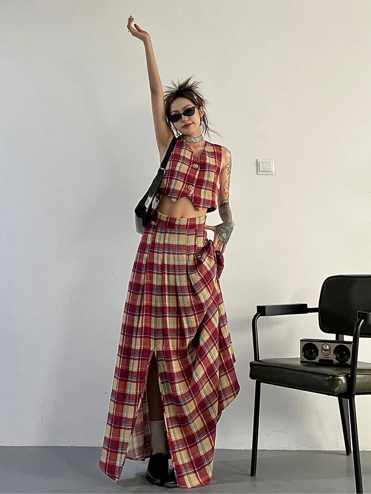 

Fashion Plaid Waistcoat Skirt Two-piece Set Women 2024 New High-grade Fashion Suit Conjunto De Dos Piezas De Moda Para Mujer