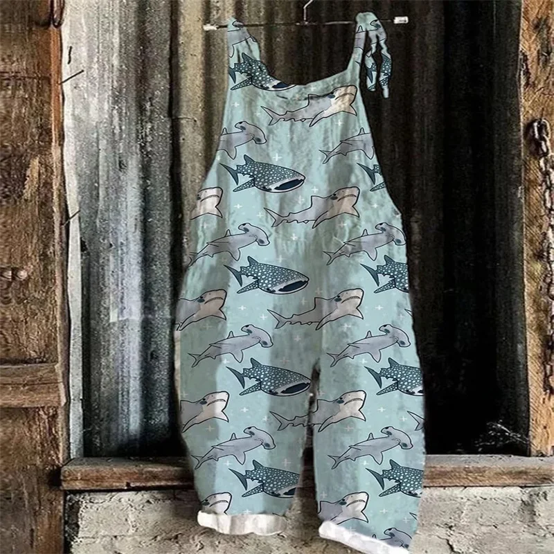 

Women's Casual Plus Size Jumpsuit For Summer, Fashionable and Comfortable, Retro Fish Print 3D Printed Suspender Jumpsuit