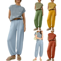 Women Knitted Pants Set Casual Solid Color Short Sleeve Crew Neck Knit T-shirt with Long Trousers Summer Fashion Clothes Sets