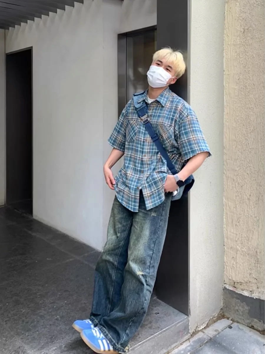 American Retro Brued Plaid ort Sve irt Longgar Musim Panas Lazy Sle Turn Collar Pria Wanita Cleanfit irt