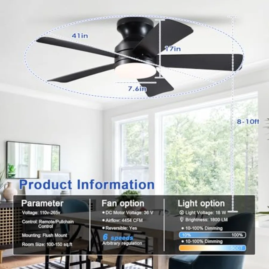 41 inch Ceiling Fans with Lights, Flush Mount Ceiling Fan with Remote, 3CCT, LED Dimmable, Reversible, 6 Fan Speeds, Quite Low