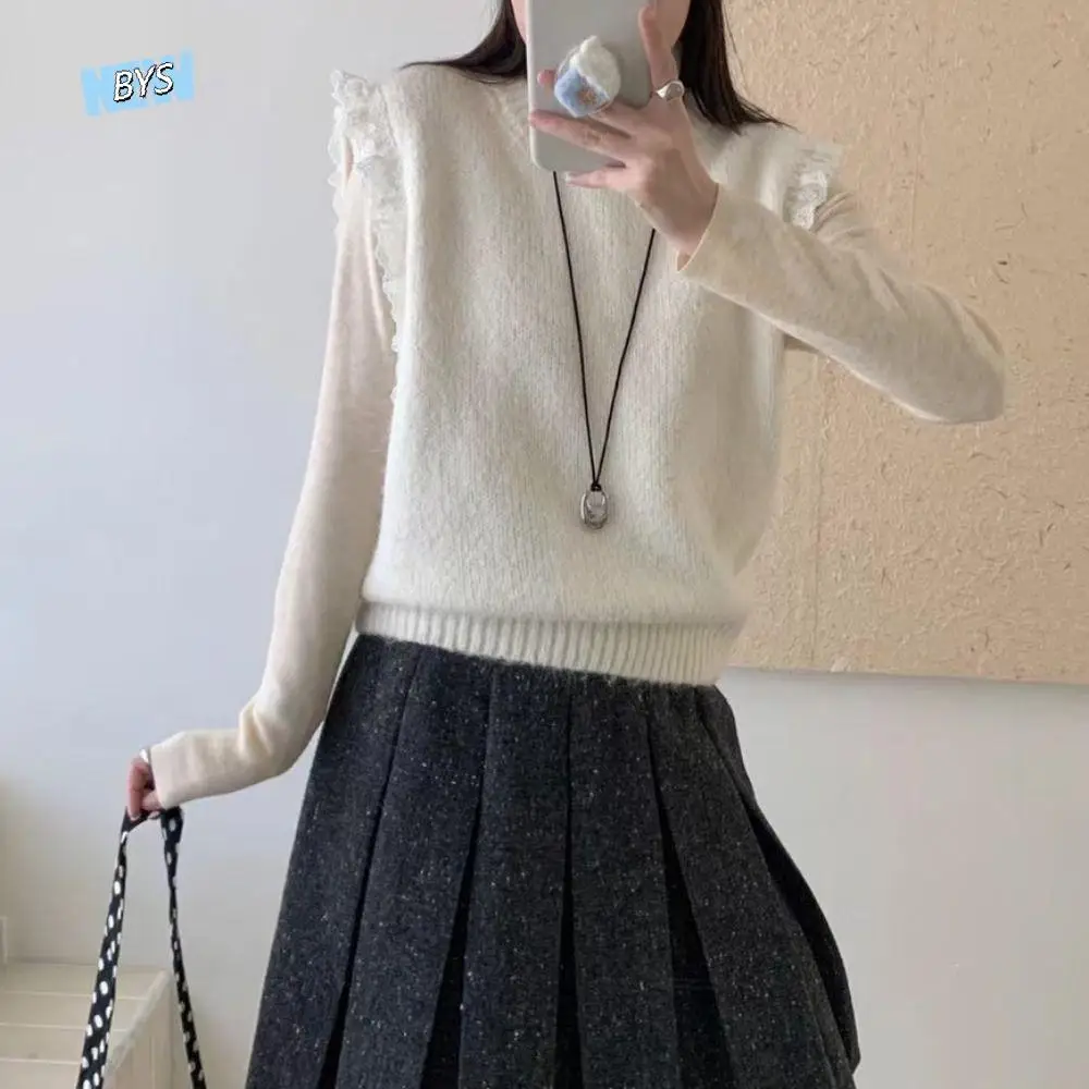 

Round Neck Lace Sleeveless Sweater Pullover Korean Style Knitwear Women Sweet Solid Color Knitted Waistcoat Top Autumn Winter