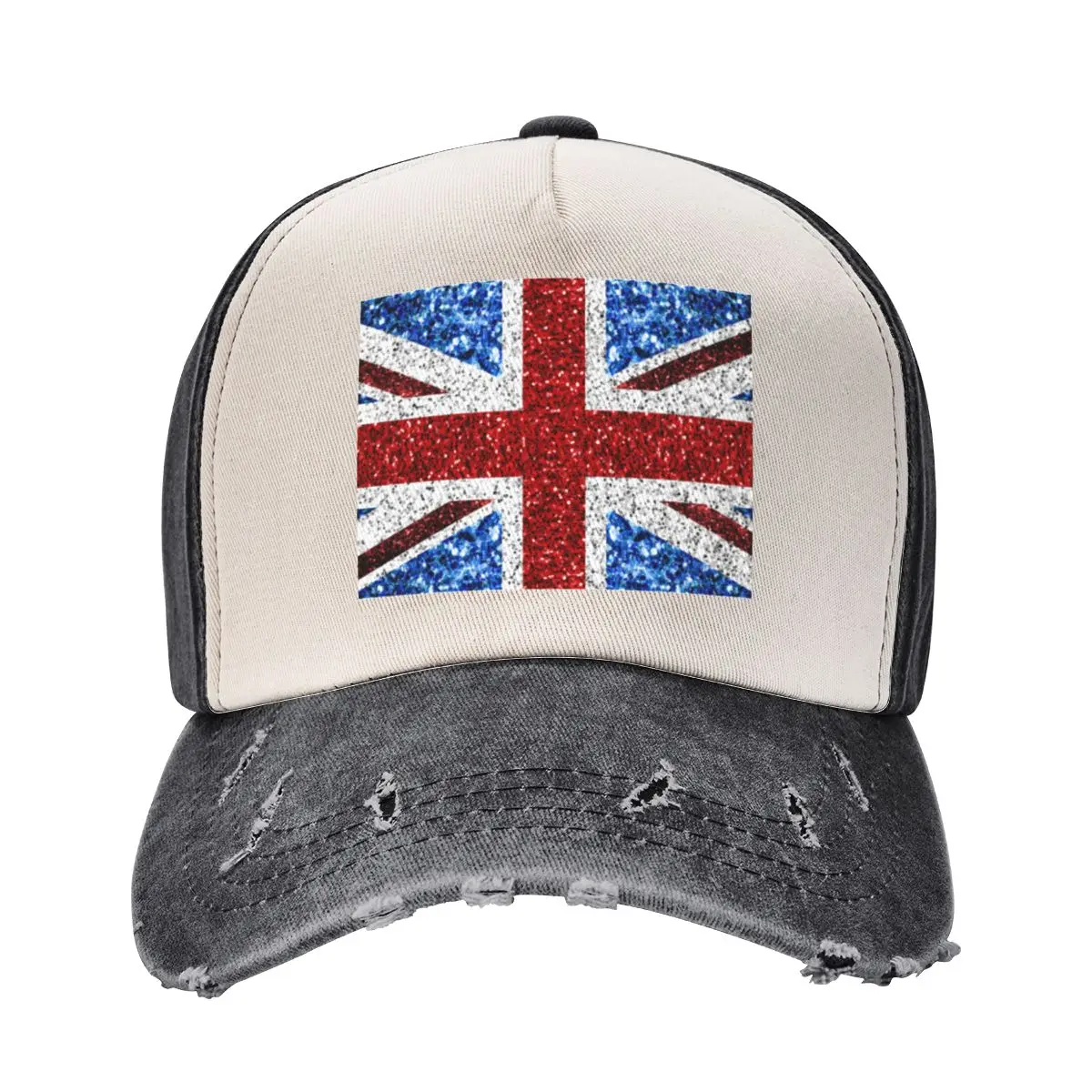

UK flag red blue white faux sparkles glitters United Kingdom British Union Jack (Photo of Glitter - Not Reflective) Baseball Cap