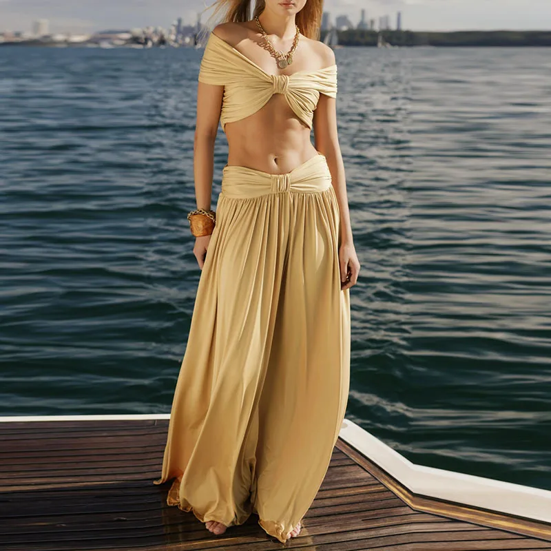 

Lady Casual Backless Holiday Suit Fashion Beach Music Festival Party Outfit Sexy Strapless Top & Long Skirt Summer Two Piece Set