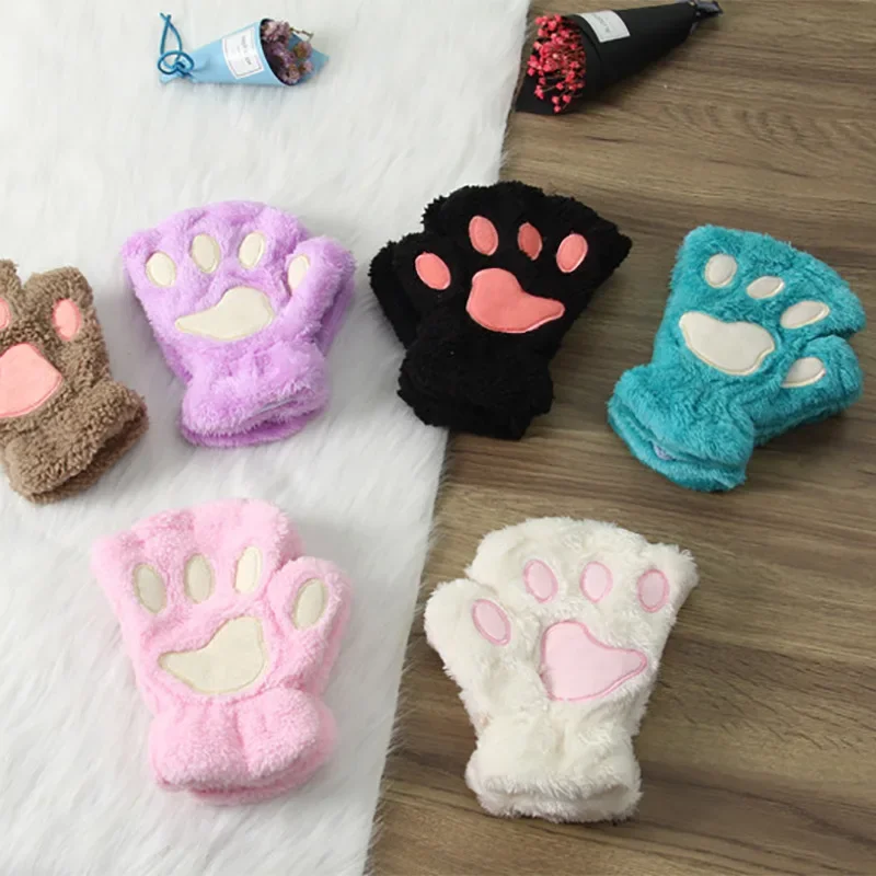 1 Pair Kawaii Cartoon Kids Boy Girl Glove Sweet Animal Cat Paw Half-finger Glove for Children Autumn Winter Warm Thicken Glove