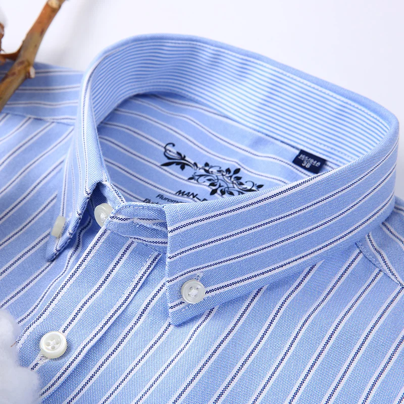 New Oxford woven men\'s shirt long sleeve striped fashion print casual business social breathable no-iron buckle collar