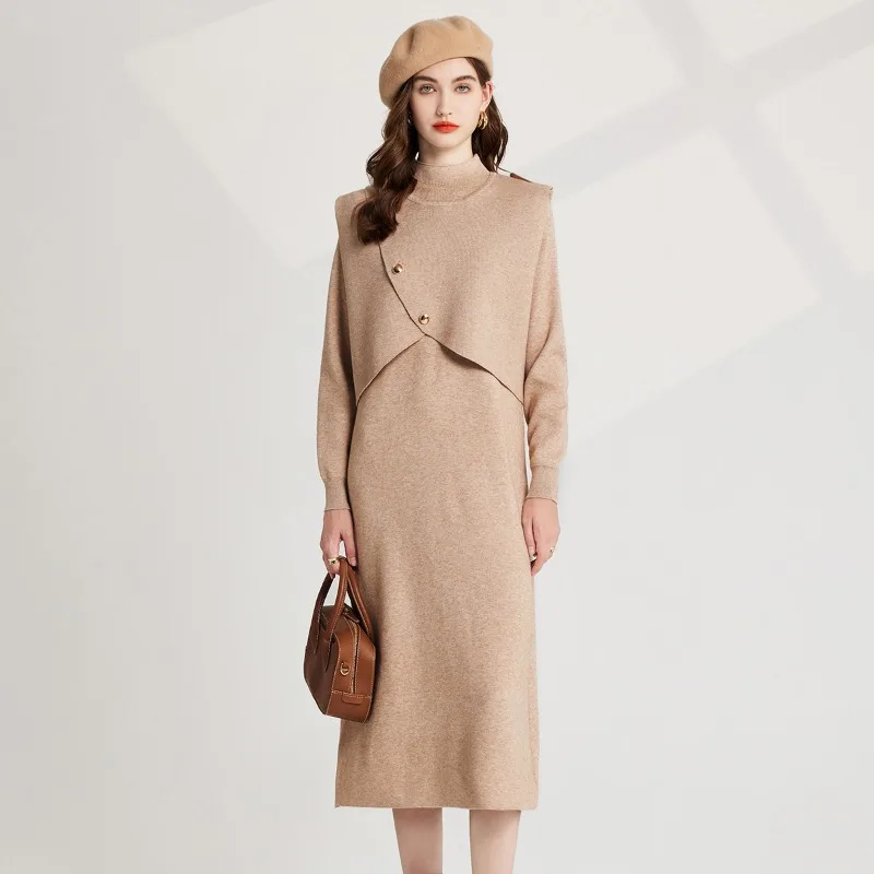 

Real Fashion Thickened Personality Semi-high Neck Bottom Knitted Waistcoat Long Sleeve Dress Two-piece Set