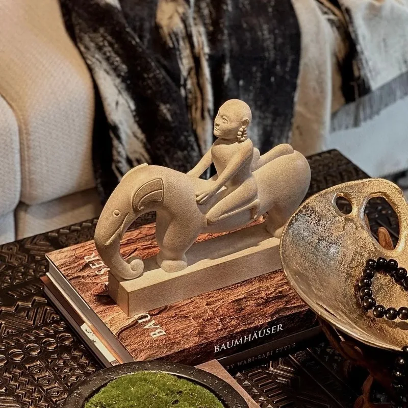 Creative Abstract Character Riding Elephant Art Sculpture Wabi Sabi Style Home Decor Living Room Study Desktop Decoration Crafts