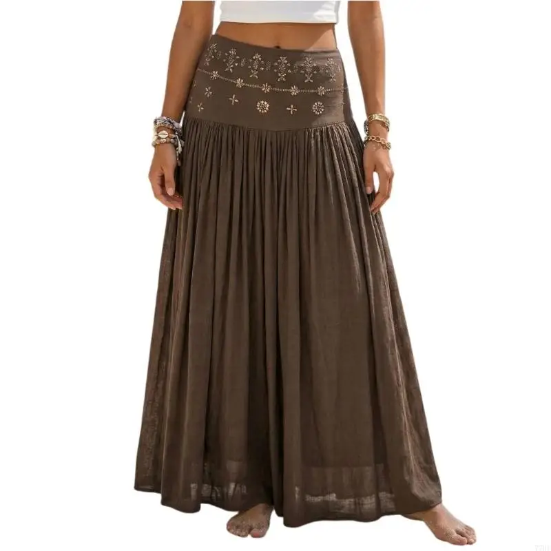 77HE Skirts for Women Linen Maxi Skirt Flowy Pleated Skirt A-Line Beach Skirts Bohemian Resort Wear