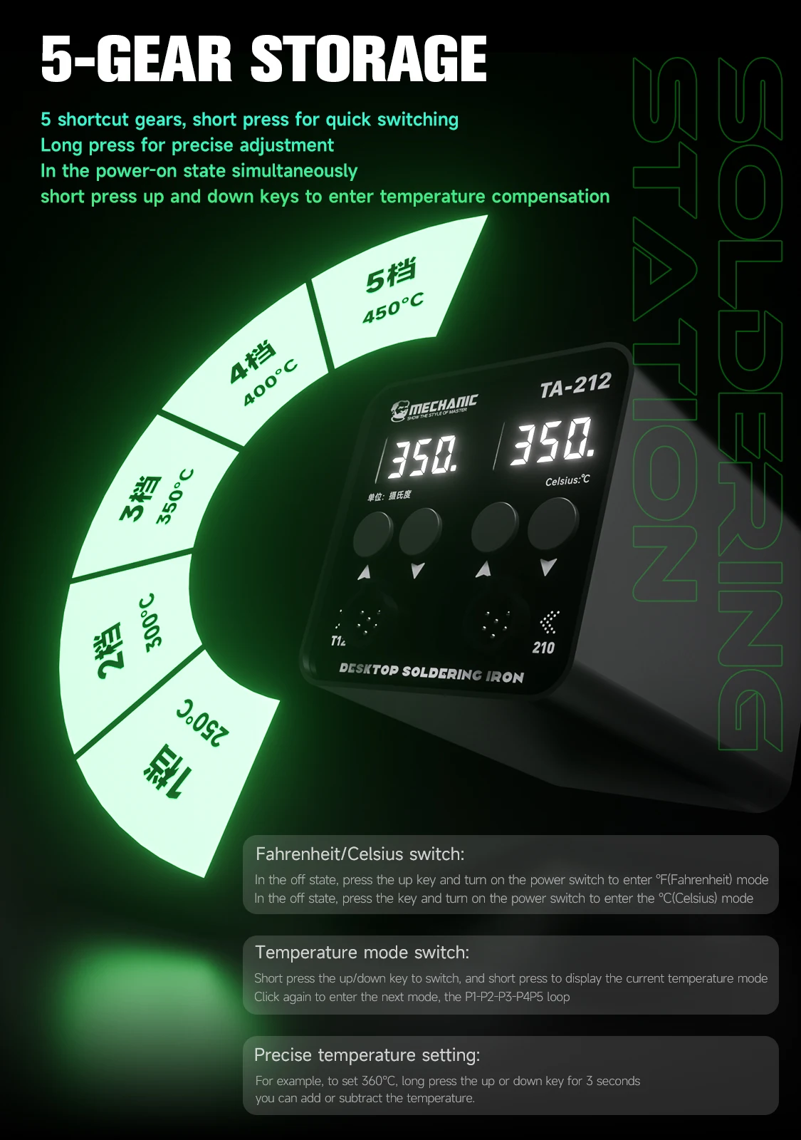 MECHANIC TA-212 Soldering Station Compatible  Soldering Iron Tip 210/T12 Handle Control Temperature Welding Rework Station