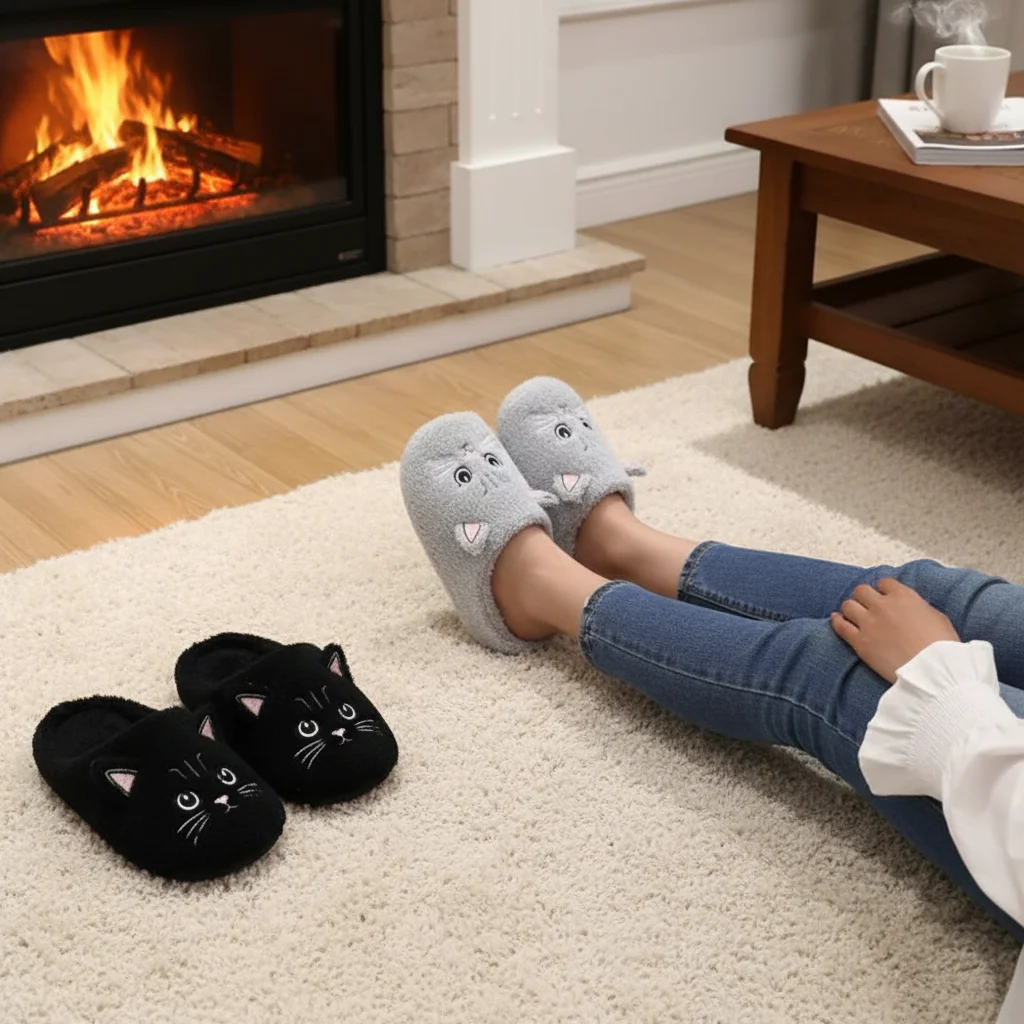

Cute Cat Design Plush Ladies Slippers Autumn And Winter Indoor Floor Non-Slip Soft Bottom Comfortable Warm Home Shoes for Unisex