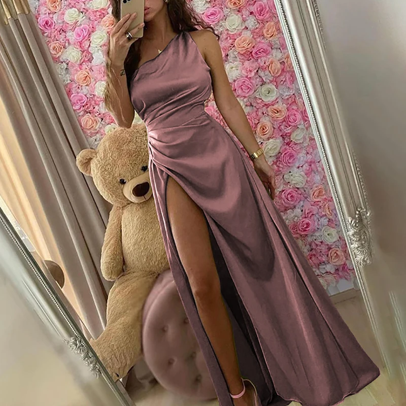 

Casual High Split Banquet Dress Fashion Temperament Asymmetric Slim Evening Dress Lady Elegant Diagonal Collar Draped Long Dress