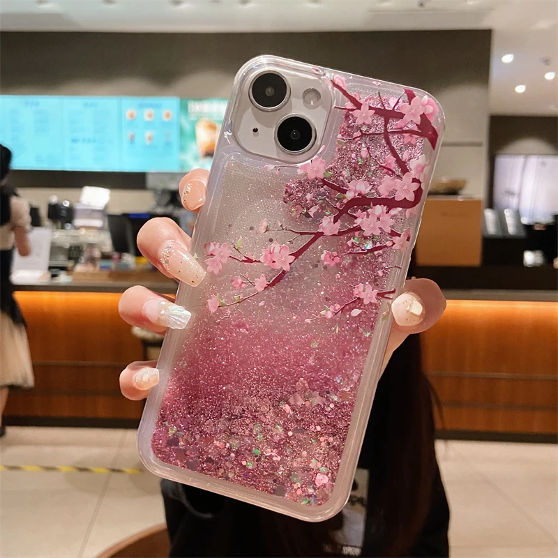 Pink Glitter Quicksand for iPhone 15 Pro Max 13 14 Case Cover Peach Blossom Silicon Coque Liquid Sand Shell Funda Arena Movediza