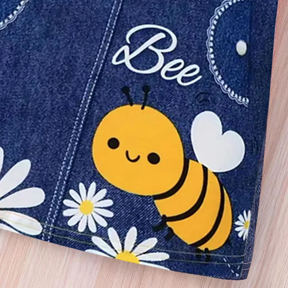 Cute and Comfortable Kids Love Bee Cartoon Print T Shirt Dress Children Round Neck Ruffles Casual Clothes Girls School Dress