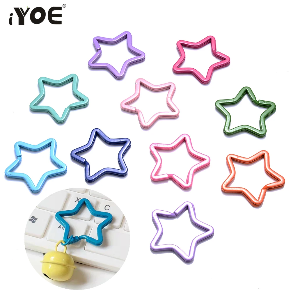 IYOE 5pcs 30x35mm Colorful Planted Key Circle Ring Big Star Key Split Rings For Making Keychain Connector Chain Lobster Claps