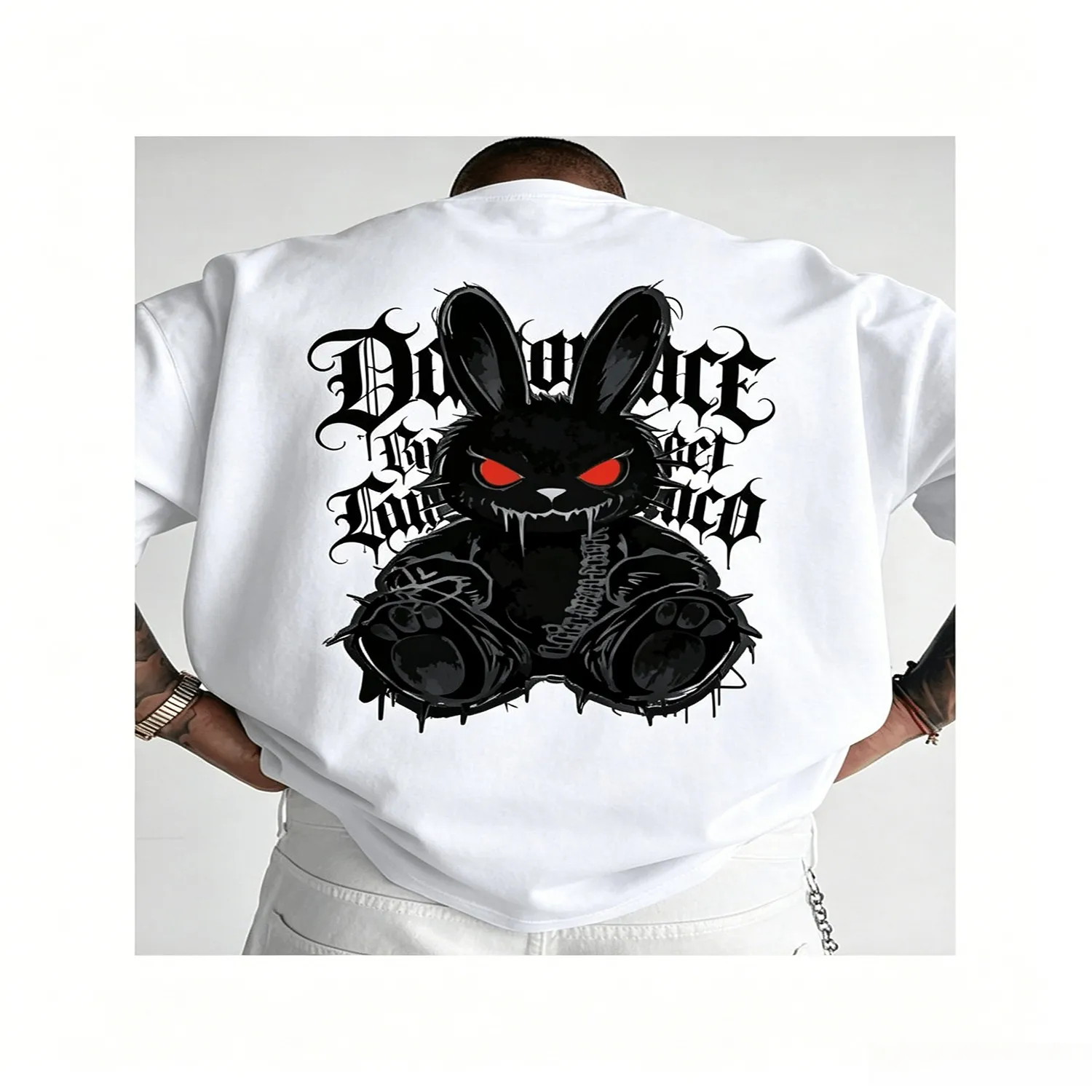 Men's Gothic Rabbit Graffiti T-Shirt - Dark Evil Rabbit Streetwear Tee with Round Neck, Machine Washable Casual Shirt Suitable for - Wear, Urban Fashion Gothic Style Clothing Retro Graphic Shirt, Holiday Tshirt