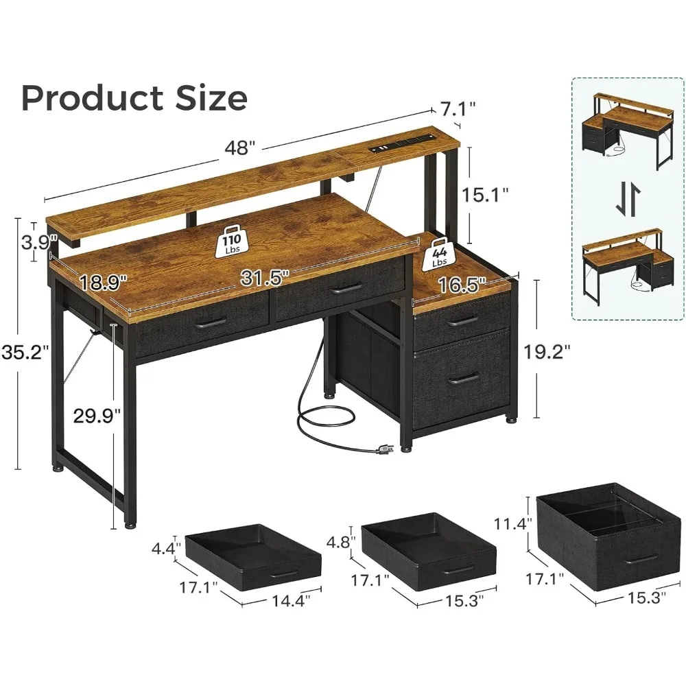 Computer Desk with 4 Drawers, 48 Inch Office Desk with Power Outlet, Home Office Desk with Printer Space & File Drawers Cab