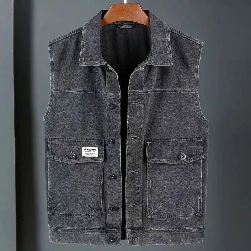 Men's Denim Vest Spring Autumn Outdoor Multi-Pocket Sleeveless Jacket Loose Fit Single Button Closure Pure Color Casual Style
