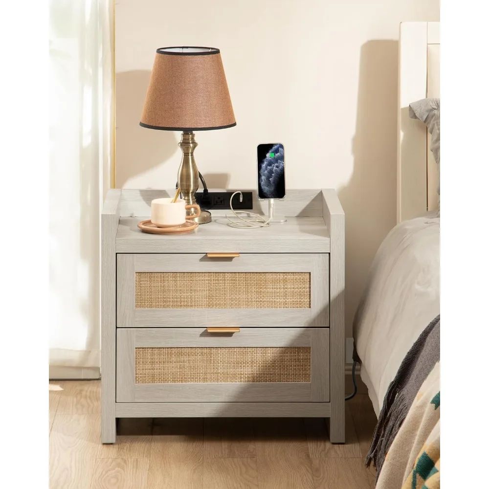 Night Stand Set of 2 - Rattan Nightstands with Type-C Charging Station & 2 Rattan Drawers - Boho Bed Side End Table