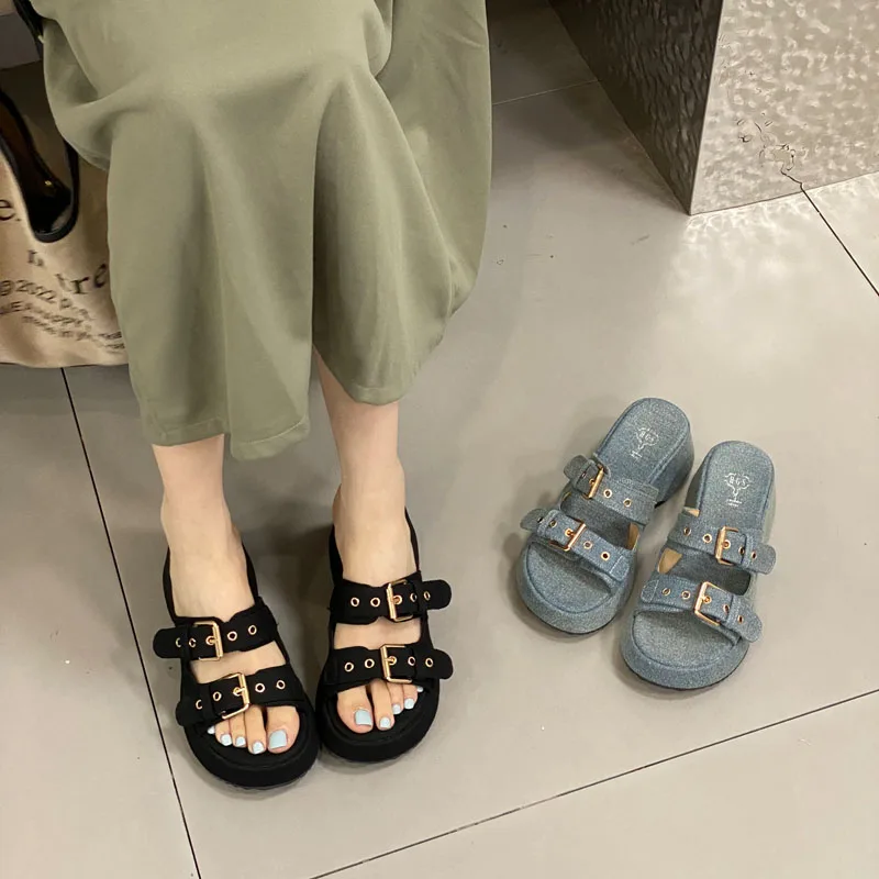 Black Platform Wedge Heels Slippers Blue Denim Buckle Women Sandals Low Heel Leisure Beach Shoes 2024 Summer Sandalias De Mujer