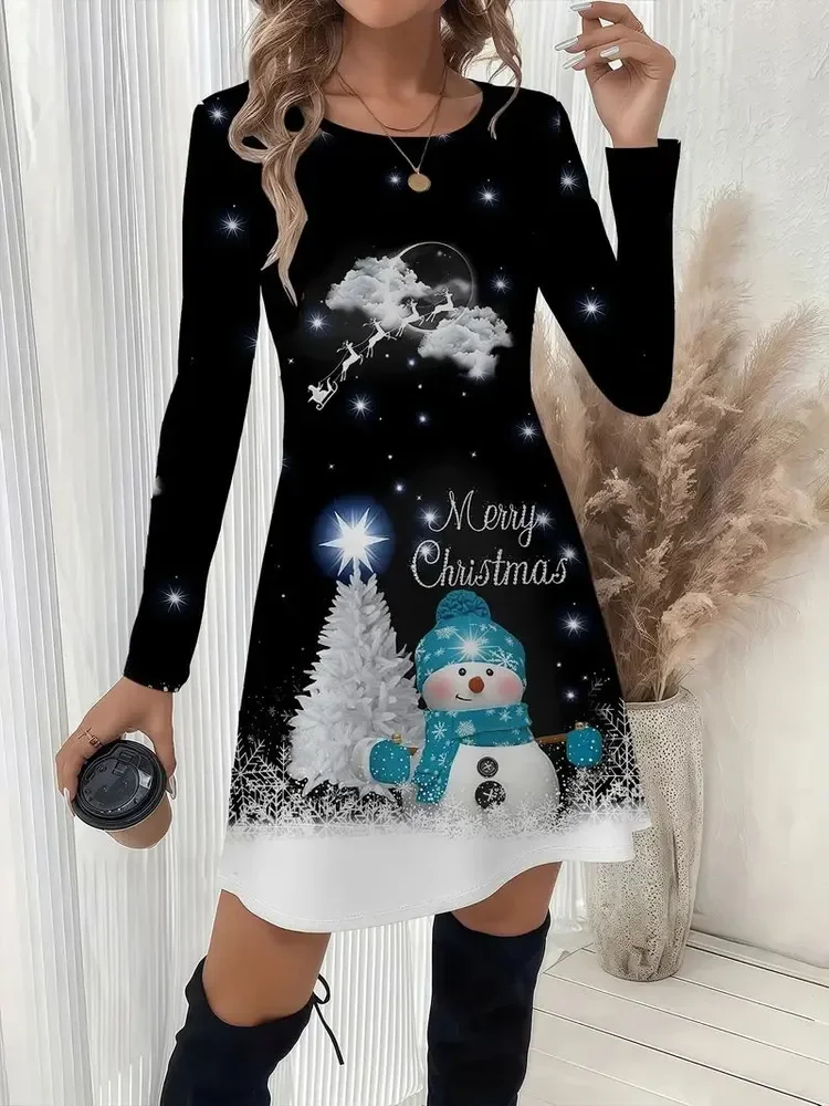 

Рождественское женское милое платье с принтом снеговика, осенне-зимнее женское повседневное свободное платье трапециевидной формы с круглым вырезом, модная одежда, Vestidos 2025
